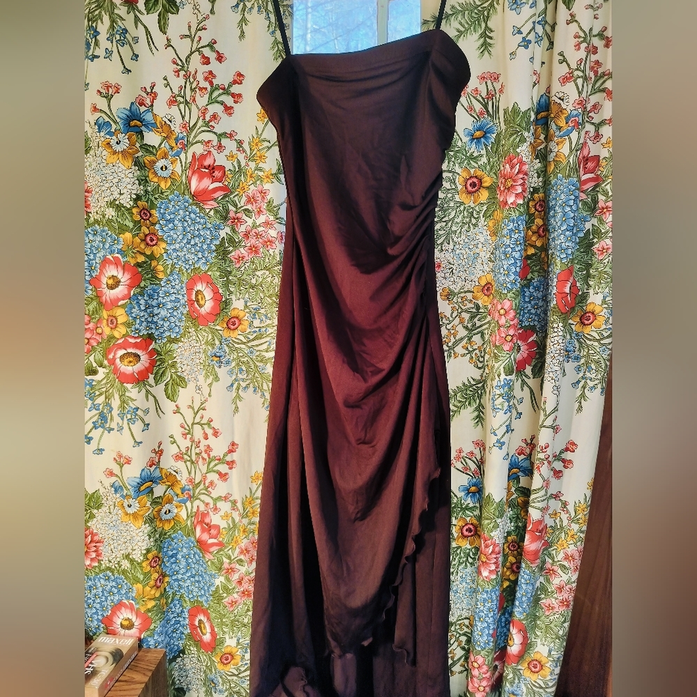 Brown strapless Alago ruffle assymetical dress